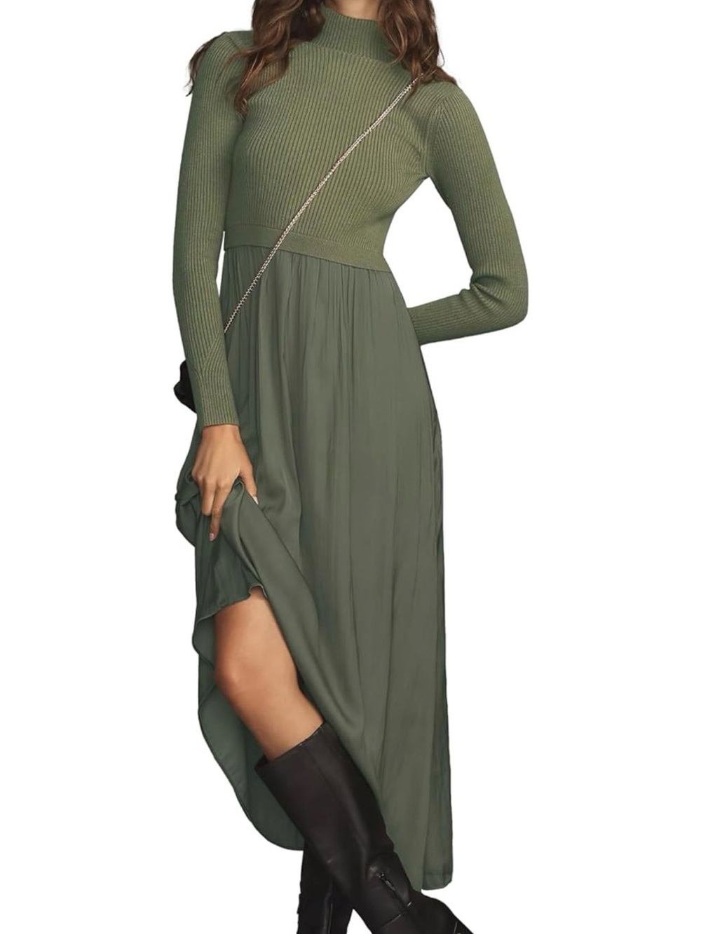NWT Army Green Long Sleeve Knit Silky Mixed Fabric Maxi Dress